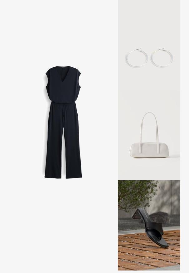 Schwarzer Jumpsuit mit V-Ausschnitt, ärmellosem Design, weit geschnittenen Hosenbeinen und elastischem Bund. Hergestellt aus glattem, leichtem Stoff.; Schwarze Calvin Klein Sandale mit Absatz und Zehenschlaufe auf einem Holzkachelfußboden im Freien neben einem Baum und einer Steinmauer.; Weiße rechteckige Schultertasche mit langen dünnen Trägern, minimalen Nähten und Reißverschlussverschluss vor einem schlichten Hintergrund.; Paar glänzende silberne Creolen mit dünnen Drahtverschlüssen, dargestellt vor einem hellgrauen Hintergrund.