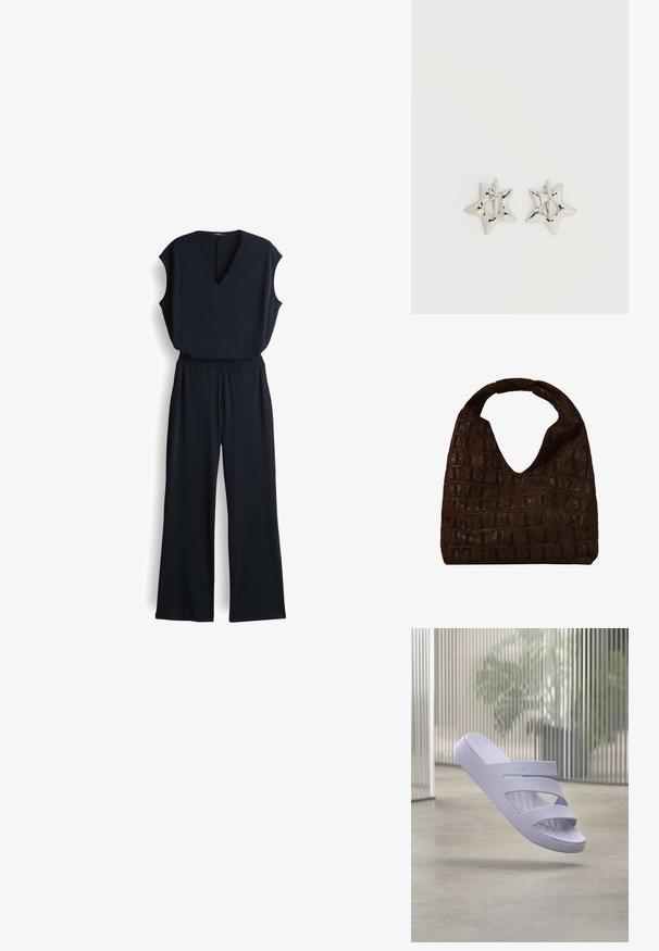 Schwarzer Jumpsuit mit V-Ausschnitt, ärmellosem Design, weit geschnittenen Hosenbeinen und elastischem Bund. Hergestellt aus glattem, leichtem Stoff.; Weiße Sandale mit drei Riemen und offenen Zehen, die über einem glatten grauen Boden mit durchscheinendem vertikalem Paneel und verschwommenem grünen Pflanzenhintergrund schwebt.; Dunkelbraune Leder-Hobo-Tasche mit geprägt Krokodilmuster und breitem, abgerundetem Griff, schlichtes und weiches, lässiges Design.; Silberne, sternförmige Creolen mit einer glatten, polierten Oberfläche auf weißem, schlichtem Hintergrund.