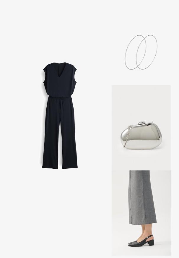 Schwarzer Jumpsuit mit V-Ausschnitt, ärmellosem Design, weit geschnittenen Hosenbeinen und elastischem Bund. Hergestellt aus glattem, leichtem Stoff.; Schwarze Slingback-Schuhe aus Leder mit spitzer Spitze, Blockabsatz und kontrastierendem rosa Absatzakzent. Glatte Textur mit minimalistischem Design.; Silberner Metallclutch mit einer abgerundeten, glatten Form. Verfügt über einen Verschluss und einen abnehmbaren Kettenriemen. Reflektierende Oberfläche ohne Muster.; Silberne Creolen mit minimalistischem Design. Rundform, glatte Oberfläche und dünnes Profil. Leichtgewichtig mit hochglänzender Oberfläche.