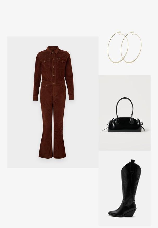 Bruine corduroy jumpsuit met een kraag, lange mouwen, flare benen, borstzakken en metalen knoopaccenten. Vlotte textuur en getailleerd ontwerp.; Zwarte leren cowboylaars met puntige neus, schuine blokhak, decoratieve stiksels en aantreklusjes bovenaan tegen een witte achtergrond.; Kleine zwarte glanzende handtas met twee lange hengsels en zijkant trekkoord details op een effen lichte achtergrond.; Pilgrim Oorbellen - gold-coloured