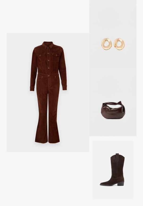Bruine corduroy jumpsuit met een kraag, lange mouwen, flare benen, borstzakken en metalen knoopaccenten. Vlotte textuur en getailleerd ontwerp.; Donkerbruine suède Westernlaars halverwege de kuit met puntige neus, blokhak en trekkoord op een witte achtergrond.; Donkerbruine leren schoudertas met een zachte, slungelige vorm en een gedraaide knoopvormige handgreep op een effen witte achtergrond.; Set van onregelmatig gevormde, gepolijste hoepel oorbellen van goudkleurig metaal met een open midden op een effen witte achtergrond.