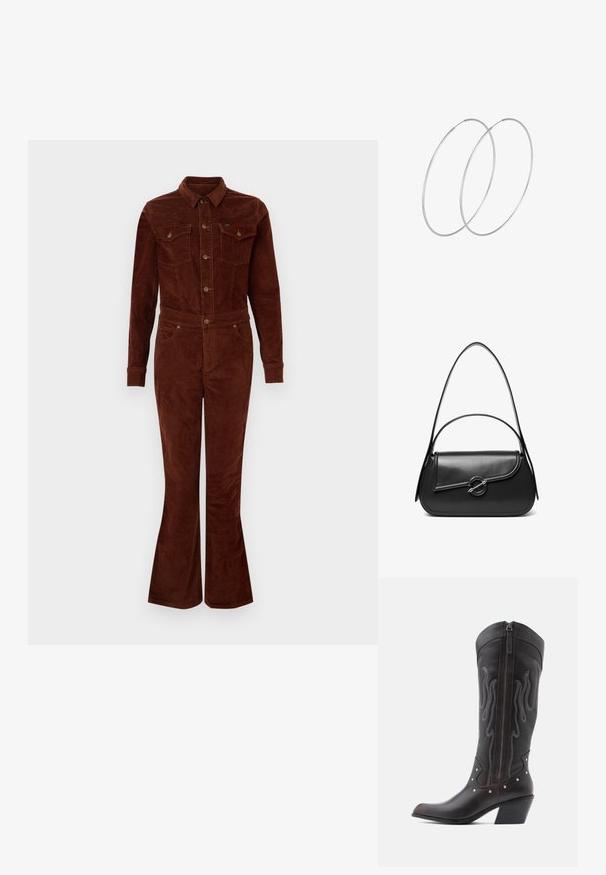 Brun fløjl jumpsuit med krave, lange ærmer, flagrende ben, brystlommer og metalknapdetaljer. Glat tekstur og tætsiddende design.; Brune læder cowboystøvler med flammebroderi, sidelukning med lynlås, sølvnitter, spids snude og lagdelt hæl.; Sort skuldertaske i læder med en buet klap, der er fastgjort med en rund metal spænde, og en slank, justerbar rem.; Sølvøreringe med et minimalistisk design. Cirkulær form, glat tekstur og tynd profil. Letvægtige med en poleret overflade.