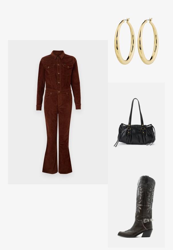 Brun fløjl jumpsuit med krave, lange ærmer, flagrende ben, brystlommer og metalknapdetaljer. Glat tekstur og tætsiddende design.; Sort læder cowboystøvle med dekorative udskæringer, sølvspænde og skrå hæl, vist på hvid baggrund.; Sort læderhåndtaske med rund form, dobbelte hanke, dekorative hardware-detaljer og snøre på siden. Glat, blank overflade.; Guld hoops øreringe med en glat, poleret overflade. Cirkelformet, med en sikker lås på toppen. Overfladen reflekterer lys.