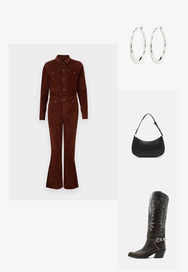 Bruine corduroy jumpsuit met een kraag, lange mouwen, flare benen, borstzakken en metalen knoopaccenten. Vlotte textuur en getailleerd ontwerp.; Zwarte leren cowboylaars met decoratieve uitsnijdingen, zilveren gesp en schuine hak, weergegeven op een witte achtergrond.; Pieces PCALUANA SHOULDER BAG - Handtas - black; Zilveren oorbellen in de vorm van een gladde, glanzende ring. Circulaire vorm, voorzien van een veilige sluiting. Eenvoudig en elegant ontwerp.