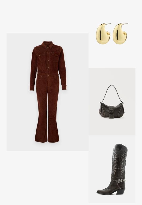 Bruine corduroy jumpsuit met een kraag, lange mouwen, flare benen, borstzakken en metalen knoopaccenten. Vlotte textuur en getailleerd ontwerp.; Zwarte leren cowboylaars met decoratieve uitsnijdingen, zilveren gesp en schuine hak, weergegeven op een witte achtergrond.; Zwarte leren schoudertas met gespsluiting aan de riem, afgeronde hoeken en contrasterende witte stiksels op een effen achtergrond.; Gouden studs met een gladde, gepolijste afwerking, in een abstracte, druppelvorm. Eenvoudige metalen achterzijde voor bevestiging.