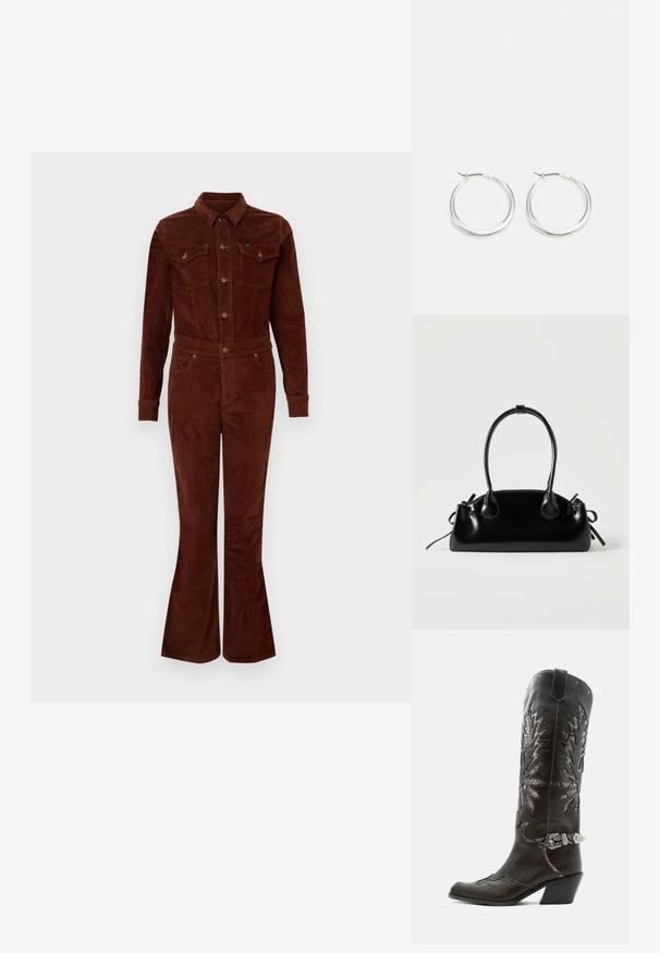 Brauner Corduroy-Overall mit Kragen, langen Ärmeln, lässigen Beinen, Brusttaschen und metallischen Knopfakzenten. Glatte Textur und taillierter Schnitt.; Schwarzer Leder-Cowboystiefel mit dekorativen Ausschnitten, silberner Schnalle und schräger Ferse, auf weißem Hintergrund dargestellt.; Kleine schwarze glänzende Handtasche mit zwei langen Griffen und seitlichen Kordelzug-Details vor einfachem hellem Hintergrund.; Silberne Creolen zeichnen sich durch ein glattes, rundes Design mit einem schlanken Profil und einem sicheren Verschluss aus. Minimalistischer Stil mit glänzender Oberfläche.