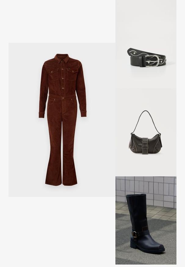 Bruine corduroy jumpsuit met een kraag, lange mouwen, flare benen, borstzakken en metalen knoopaccenten. Vlotte textuur en getailleerd ontwerp.; Zwarte leren laars tot halverwege de kuit met een lage hak en een decoratief riempje met metalen gesp, staand op een grijs bestraatte ondergrond nabij een betegelde muur.; Zwarte leren schoudertas met gespsluiting aan de riem, afgeronde hoeken en contrasterende witte stiksels op een effen achtergrond.; Zwarte faux leren riem met zilverkleurige studs in een golvend patroon, voorzien van een zilveren metalen gesp en een gestructureerde afwerking.