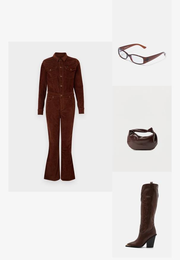 Bruine corduroy jumpsuit met een kraag, lange mouwen, flare benen, borstzakken en metalen knoopaccenten. Vlotte textuur en getailleerd ontwerp.; RAID RIMSKY - Laarzen met hoge hak - brown; Bruin getinte rechthoekige brillen met een glanzende afwerking, met slanke pootjes en doorzichtige glazen. Logo zichtbaar op de linkertempel.; Donkerbruine leren schoudertas met een zachte, slungelige vorm en een gedraaide knoopvormige handgreep op een effen witte achtergrond.