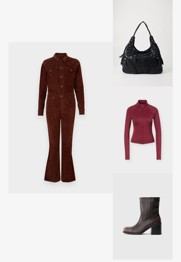 Brauner Corduroy-Overall mit Kragen, langen Ärmeln, lässigen Beinen, Brusttaschen und metallischen Knopfakzenten. Glatte Textur und taillierter Schnitt.; Eng anliegende bordeauxrote Jacke mit langen Ärmeln, hohem Kragen und Frontreißverschluss, vor einem einfarbigen hellen Hintergrund präsentiert.; Dunkelbraune Lederstiefel in Knöchelhöhe mit runder Zehenpartie und Blockabsatz, die subtile Abnutzungserscheinungen an Zehen- und Fersenbereich zeigen.; Schwarze Ledertasche mit doppelten Griffen, vorderen Reißverschlusstaschen und metallenen Nieten, vor einem schlichten hellen Hintergrund.