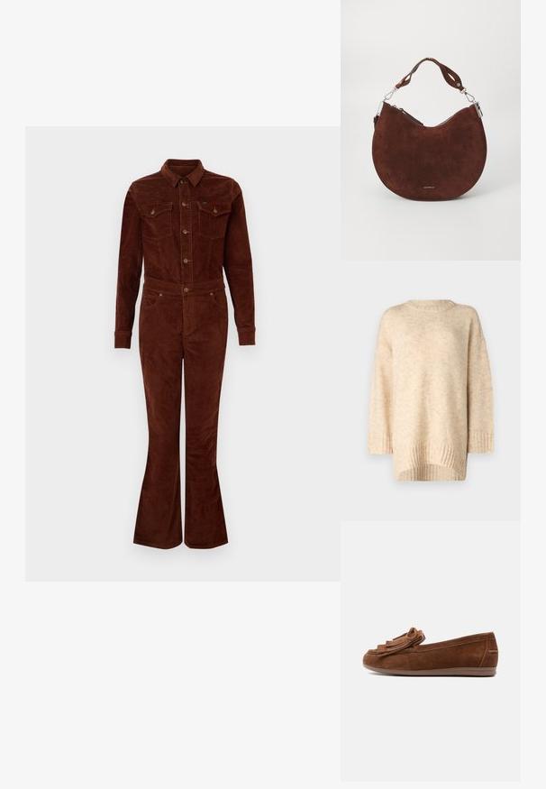 Bruine corduroy jumpsuit met een kraag, lange mouwen, flare benen, borstzakken en metalen knoopaccenten. Vlotte textuur en getailleerd ontwerp.; Beige gebreide trui met een geribbelde ronde halslijn, verlaagde schouders en een langere achterkant. Zachte textuur met een subtiel patroon.; Bruine suède loafer met platte zool en franjerand detail bovenop, zijaanzicht op een witte achtergrond.; Bruine suède hobo tas met een gebogen silhouet, zilveren hardware en een ritsluiting. Voorzien van een korte, verstelbare schouderriem.