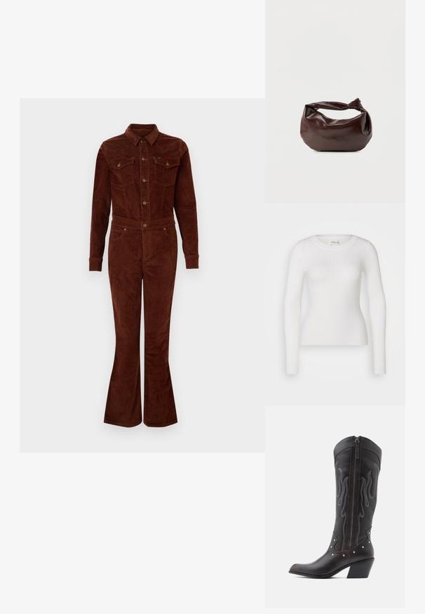 Bruine corduroy jumpsuit met een kraag, lange mouwen, flare benen, borstzakken en metalen knoopaccenten. Vlotte textuur en getailleerd ontwerp.; Witte lange mouwen geribbelde top met een ronde hals. De stof is soepel, met een subtiele textuur en een aansluitend ontwerp. Geen zichtbare hardware of patronen.; Bruine leren cowboylaarzen met vlamstiksels, zijrits, zilveren studs, spits toelopende neus en gestapelde hak.; Donkerbruine leren schoudertas met een zachte, slungelige vorm en een gedraaide knoopvormige handgreep op een effen witte achtergrond.