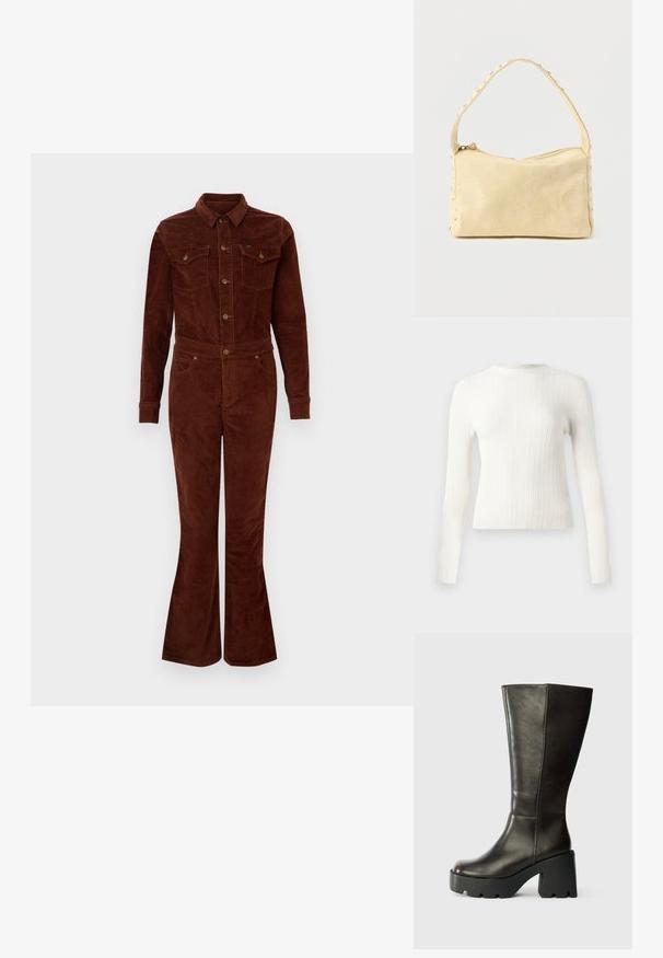 Brun fløjl jumpsuit med krave, lange ærmer, flagrende ben, brystlommer og metalknapdetaljer. Glat tekstur og tætsiddende design.; Hvid ribstrikket langærmet sweater med rund hals, slim fit og lige kant, vist på en ensfarvet baggrund.; Brune læderknæhøje støvler med rund tå, tyk sort platform og blokhæl. Har en glat overflade og minimale syninger.; Lille beige læderhåndtaske med en enkelt rem og sølvnitter langs kanterne og remmen, sat mod en ensfarvet baggrund.