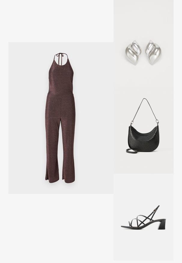 Combinaison pailletée violette foncée avec un col halter et un lien ajustable. Corsage ajusté, design à jambes larges, texture lisse et ourlets fendus.; Sandale noire à talon avec fines brides croisées, boucle à la cheville et talon bloc de hauteur moyenne, vue de côté sur fond blanc.; Sac à main tissé noir avec une forme courbée, une fermeture éclair et une longue sangle réglable. La finition texturée met en valeur les détails de sa surface.; Boucles d'oreilles en argent avec une forme organique et abstraite. Surface lisse et brillante avec un design effilé. Présente des courbes subtiles et un détail central en ligne.