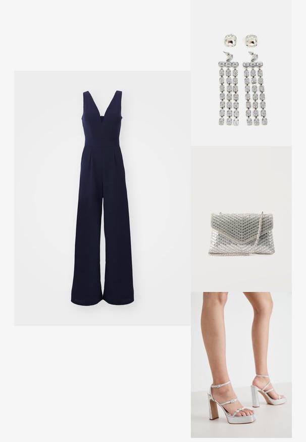 Mono de color navy con un pronunciado escote en V, piernas amplias y cintura ceñida. Tejido suave y texturizado con costuras verticales y cierre de cremallera en la parte posterior.; Sandalias de tacón alto de plataforma plateada con correas para el tobillo, material texturizado, tacón ancho en bloque y hebillas ajustables.; Bolso de mano plateado con patrones diagonales de cristales y una correa de cadena plateada sobre un fondo blanco liso.; Pendientes colgantes de cristal con herrajes en tono plateado, que presentan un stud cuadrado y filas en cascada de cristales rectangulares y octogonales.