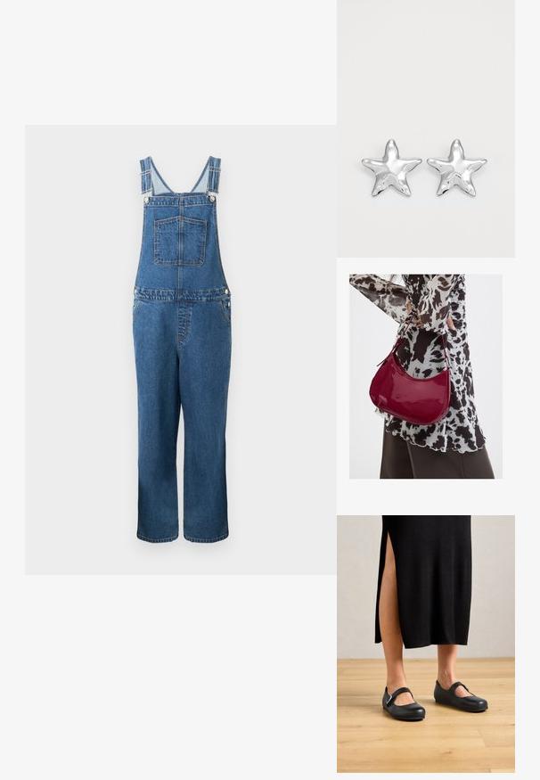 Denim overalls med justerbare stropper, en frontlomme og sidelommer. Farven er en mellemblå med en let falmet struktur.; Kvinde i en sort ribbet midiskørt med sideslids iført sorte Mary Jane flade sko på et trægulv.; Kvinde iført en sort- og hvidmønstret bluse, der holder en blank rød skuldertaske mod en ensfarvet baggrund.; Sølvstjernede øreringe med en poleret, blank overflade. Hver ørering har fem spidser og subtile teksturdetaljer på overfladen.