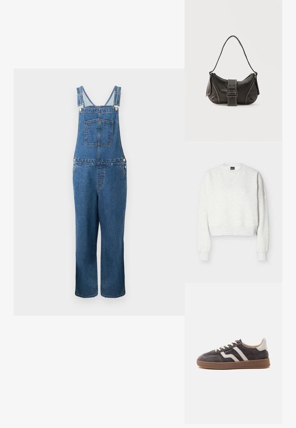 Denim overalls med justerbare stropper, en frontlomme og sidelommer. Farven er en mellemblå med en let falmet struktur.; Lysegrå cropped sweatshirt med rund hals, lange ærmer og ribstrikkede manchetter og kant.; Enkel mørkegrå sneaker med hvide læderdetaljer, teksturerede sider, hvide snørebånd og en brun gummisål, vist fra siden på en ensfarvet baggrund.; Sort læder skuldertaske med spænde på remmen, afrundede kanter og kontrasterende hvide syninger på en ensfarvet baggrund.