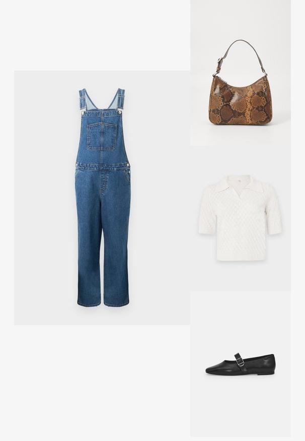 Jeanssalopette met verstelbare bandjes, een voorzak en zijzakken. De kleur is een middeldonkere blauwe tint met een licht vervaagde structuur.; Witte gebreide polo met korte mouwen en een ruitpatroon, met een klassiek kraag en geribde boorden en onderzijde.; Zwarte leren platte schoen met een ronde neus, een enkele verstelbare gespsluiting en een gladde, glanzende textuur. Minimalistisch ontwerp met een lage hak.; Kleine handtas met een bruin en zwart slangenprintpatroon, korte verstelbare schouderriem en ritssluiting.