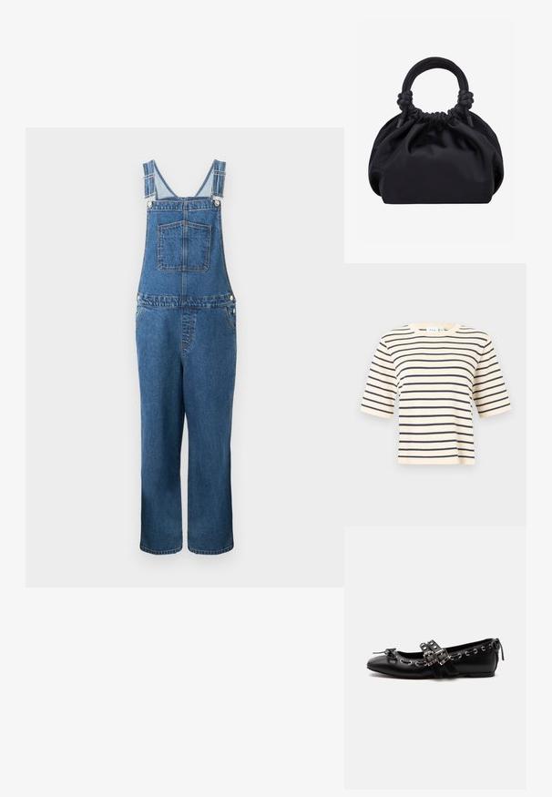 Denim overalls med justerbare stropper, en frontlomme og sidelommer. Farven er en mellemblå med en let falmet struktur.; Kortærmet, rundhalset top med lysebeige bund og mørkeblå vandrette striber. Blødt stof og afslappet pasform.; Sort flad balletsko med dobbelt spænde, sølvøjer og en lille sløjfe nær den runde tå på en hvid baggrund.; Sort blød stofhåndtaske med samlet top og cirkulære polstrede håndtag bundet med knuder på hver side.