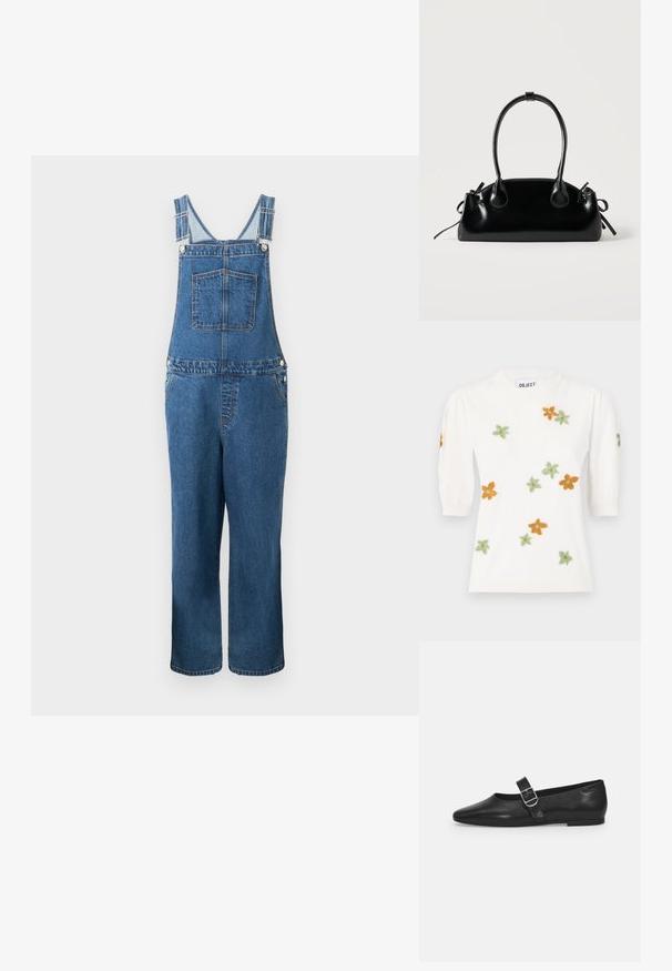 Denim overalls med justerbare stropper, en frontlomme og sidelommer. Farven er en mellemblå med en let falmet struktur.; Hvid pullover-sweater med korte pufærmer, prydet med blomsterbroderi i orange, grøn og gul. Klassisk rund halsudskæring og ribbet kant.; Sorte læder flade sko med rund tå, et enkelt justerbart spænde og en glat, blank overflade. Minimalistisk design med en lav hæl.; Lille sort blank håndtaske med to lange håndtag og snøre-detaljer i siden på en ensfarvet lys baggrund.