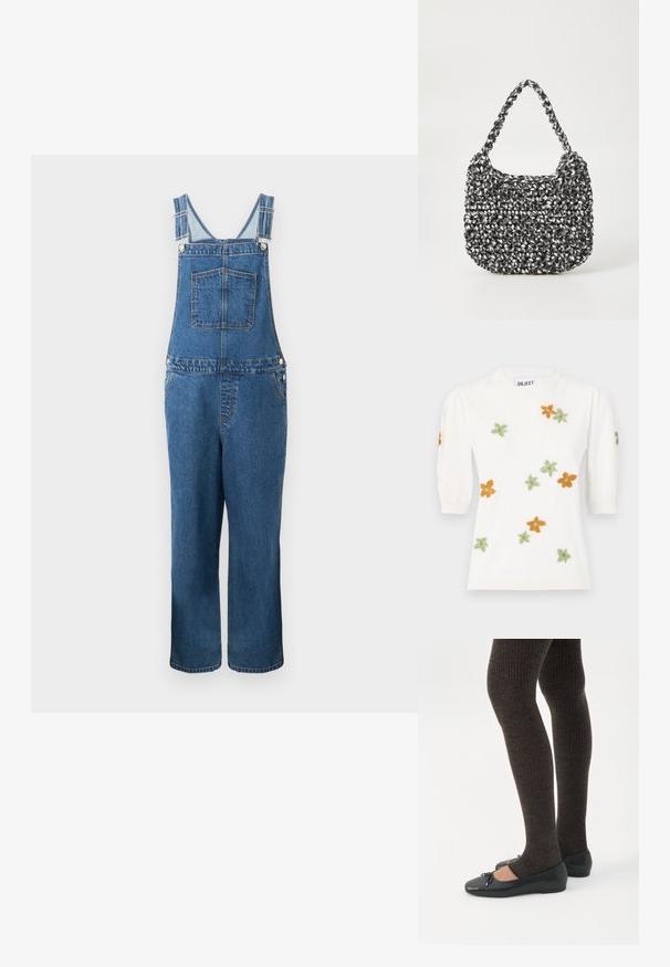 Jeanssalopette met verstelbare bandjes, een voorzak en zijzakken. De kleur is een middeldonkere blauwe tint met een licht vervaagde structuur.; Witte pullover trui met korte pofmouwen, voorzien van bloemenborduurwerk in oranje, groen en geel. Klassieke ronde halslijn en ribbelzoom.; Benen met donkere geribbelde leggings gecombineerd met zwarte ballerina's met kleine strikdetails op een witte achtergrond.; Geweven handtas in zwart en wit met een ronde vorm, gestructureerd oppervlak en een gevlochten handvat. Geschikt voor dagelijks gebruik.