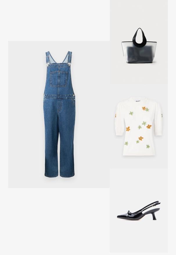 Denim overalls med justerbare stropper, en frontlomme og sidelommer. Farven er en mellemblå med en let falmet struktur.; Hvid pullover-sweater med korte pufærmer, prydet med blomsterbroderi i orange, grøn og gul. Klassisk rund halsudskæring og ribbet kant.; Sort laklæder slingback-sko med spids tå, lille knudedetalje og udvidet mellemhøj hæl på hvid baggrund.; Gennemsigtig grå shopper med sorte afrundede håndtag præget med mærkets navn, der viser slørede mørke indhold indeni.