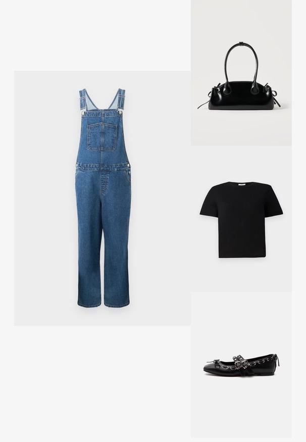 Salopette en denim avec des bretelles réglables, une poche frontale et des poches latérales. La couleur est un bleu moyen avec une texture légèrement décolorée.; T-shirt noir à manches courtes en coton. Présente un col rond et une coupe décontractée. Design uni sans motifs ni accents.; Chaussure de ballet plate noire avec doubles brides à boucle, œillets argentés et petit nœud près de l’orteil arrondi sur fond blanc.; Petit sac à main noir brillant avec deux longues anses et des détails à cordon sur les côtés sur un fond clair uni.