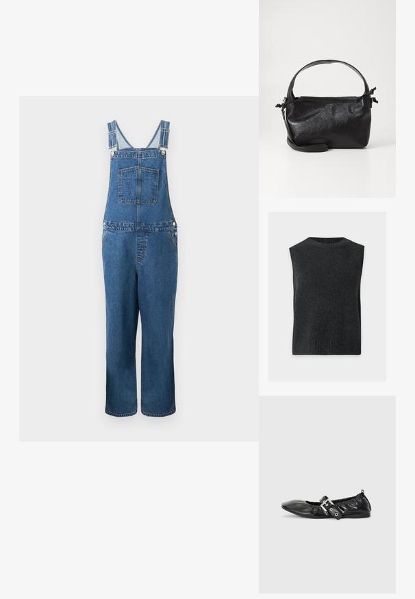 Salopette en denim avec des bretelles réglables, une poche frontale et des poches latérales. La couleur est un bleu moyen avec une texture légèrement décolorée.; Gilet pull en maille sans manches gris foncé avec ourlet côtelé, emmanchures et encolure ronde sur fond blanc.; Chaussure plate en cuir noir avec un nez pointu, des détails froncés autour de l'ouverture et un accent en boucle argentée sur la bride ajustable.; Sac à main en cuir noir au design structuré, avec une poignée arrondie et une bandoulière amovible. Présente une texture lisse et un éclat subtil.
