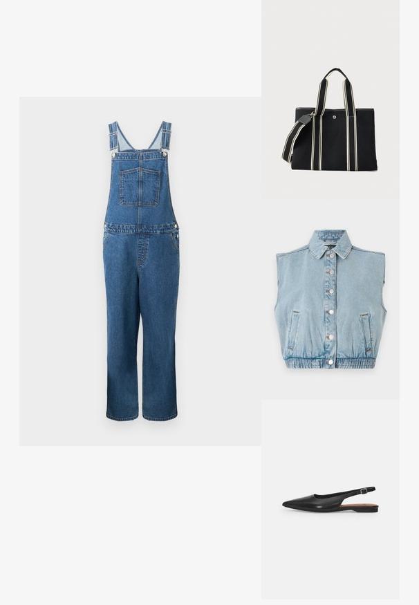 Denim overalls med justerbare stropper, en frontlomme og sidelommer. Farven er en mellemblå med en let falmet struktur.; Lyseblå denim ærmeløs jakke med knaplukning foran, krave og elastisk kant. Har to sidelommer og sølvknapdetaljer.; Sorte læder slingback sko med spidse tæer, subtil glans og justerbar ankelrem. Flad hæl med en brun indersål.; Sort lærreds-taske med dobbelte creme-stribede håndtag og matchende aftagelig skulderrem mod en ensartet lys baggrund.