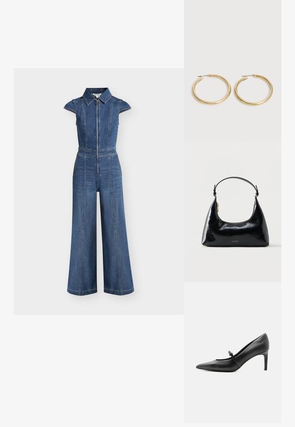 Combinaison en denim bleu sans manches avec jambes larges, fermeture éclair avant, col structuré et détails de coutures sur toute la surface.; Escarpin noir en cuir à bout pointu avec une fine bride et une boucle sur le cou-de-pied, posé sur un fond clair neutre.; Sac à main Calvin Klein noir brillant avec fermeture éclair dorée et anse courte sur fond blanc uni.; Paire de boucles d'oreilles créoles en or lisse et brillant avec des tiges fines et des fermoirs à charnière sur un fond clair uni.
