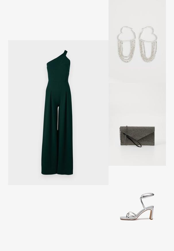 Ühe õla jumpsuit tumeroheline, laia sääre kujundusega, vöökohtades sooned ja sujuv kangatekstuur. Ilma nähtavate metalldetailide või aksessuaarideta.; Hõbedased kõrge kontsaga sandaalid ruudukujulise varbaga, õhuke pahkluu rihm ja vampi rihmad. Sile metallikviimistlus ja 3-tolline plokkkonts.; Metallikhall kujundus, millel on tekstuuriga võrgumuster, ümbrikukujundus, kettrihm ja sleek, õhuke randmerihm.; Hõbe rõngastooted südame kujuga, millel on langevad selgeid rhinestone'idesse, et lisada sära ja tekstuuri.