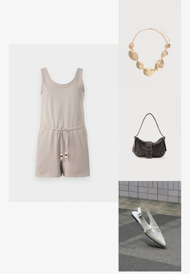 Combinaison en coton gris clair avec encolure dégagée, design sans manches, taille élastique et cordon de serrage avec des accents en perles en bois.; Chaussure plate slingback blanche pointue avec deux boucles argentées, présentée en extérieur sur un sol texturé et un mur carrelé en arrière-plan.; Sac à épaule en cuir noir avec une sangle à boucle, des bords arrondis et des coutures blanches contrastées sur un fond uni.; Collier chaîne ton or avec six plaques métalliques ovales et rondes irrégulières martelées reliées ensemble et fermoir ajustable.