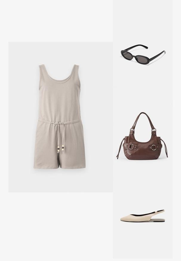 Combinaison en coton gris clair avec encolure dégagée, design sans manches, taille élastique et cordon de serrage avec des accents en perles en bois.; Ballerines à talon open-back en cuir beige avec un bout pointu, un design minimaliste, une texture lisse et une semelle noire basse.; Even&Odd Lunettes de soleil - black; Sac à main en cuir marron de forme arrondie, avec quincaillerie argentée, deux anses latérales et une texture lisse. Dispose d'une seule poignée supérieure.