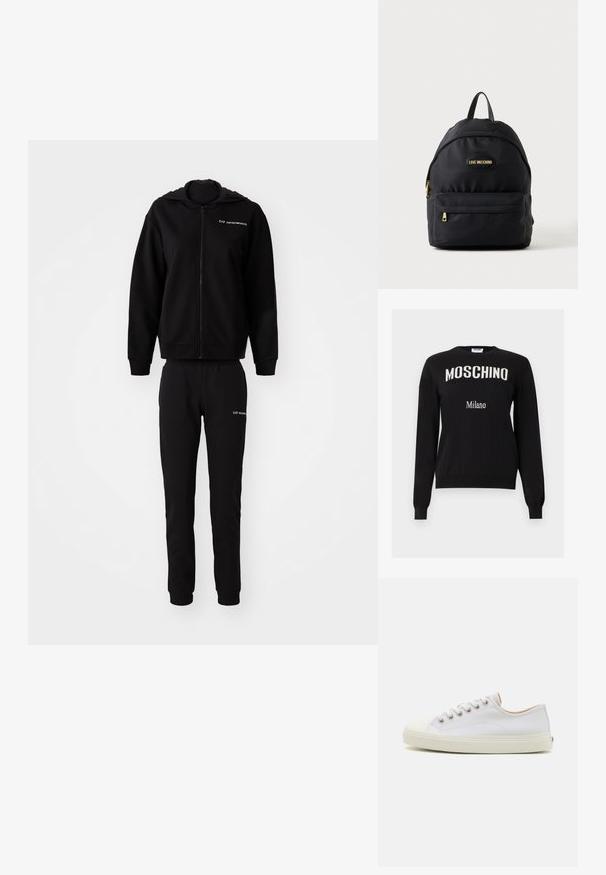 Mustam sweatshirt ja sobivad püksid, mis on valmistatud pehmest kangast. Kapuutsiga särk, millel on lukuga sulgemine, elastsed mansetid ja vöökoht. Logoga prinditud mõlemad tükid.; Mustas pikkade varrukatega kampsun valge "MOSCHINO" kaarega rinnal ja väiksem "Milano" tekst allpool, ümmargune kaelus, soonilised varrukasäärte ja äärega.; Valged kanvas tennisjalatsid ümmarguse varba, sidumisega esiosa ja kreemja kummitaldaga. Omab metallist silte ja tikitud detaile.; Must Moschino seljakott kuldsete tõmblukkude ja logoga, üks eesmine tasku ja ülasang heleda ühevärvilise tausta ees.