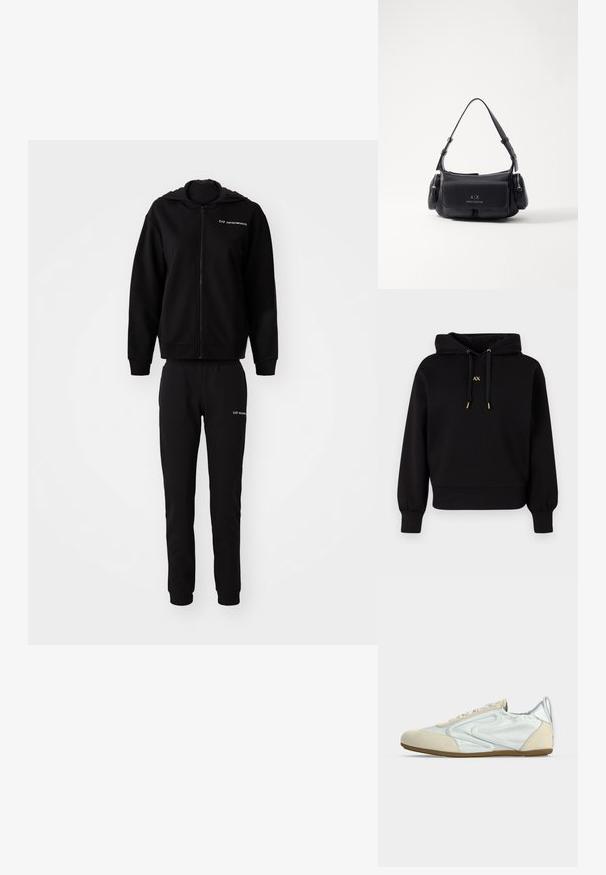 Sudadera negra y pantalones jogger a juego, hechos de una tela suave. Sudadera con capucha y cierre de cremallera, puños y cintura elásticos. Logo impreso en ambas piezas.; Sudadera negra con capucha hecha de tela suave. Presenta un diseño recortado, puños elásticos y cordones con acentos dorados que llevan un logo.; Zapatilla de perfil bajo en blanco y beige con suela de goma, cordones delanteros y diseño abstracto lateral, mostrada en vista lateral sobre fondo liso.; Bolso de mano de cuero negro con una sola correa para el hombro, cuenta con un bolsillo con solapa en la parte frontal y compartimentos con cremallera a los lados. Textura suave con detalle del logotipo.