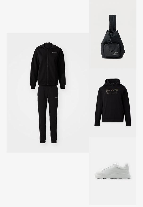 Sort sweatshirt og matchende joggers, lavet af blødt stof. Hættejakke med lynlås, elastiske manchetter og talje. Logo trykt på begge dele.; Sort langærmet hættetrøje med guld EA7 Emporio Armani-logo på brystet, en frontlomme og snøre i hætten.; Hvide sneakers med en struktureraad læderoverdel, rund tå og snørebåndsdesign. Tykk hvid gummisål med struktureret grebsmønster.; Sort Emporio Armani EA7 skuldertaske med lynlåslomme foran og justerbar enkeltrem på hvid baggrund.
