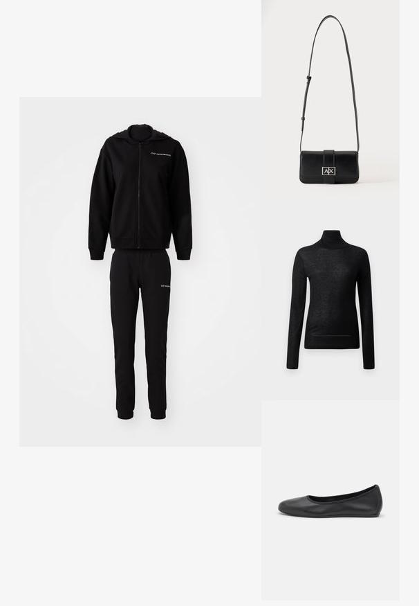 Mustam sweatshirt ja sobivad püksid, mis on valmistatud pehmest kangast. Kapuutsiga särk, millel on lukuga sulgemine, elastsed mansetid ja vöökoht. Logoga prinditud mõlemad tükid.; Mustikas must turtleneck särk, pikkade varrukatega, valmistatud kergest kangast, peene disainiga ja minimaalse õmblusdetailiga, sobib kihitamiseks.; Musthave mustika tantsutossud mustast nahast, ümmarguse varbaga, siledast tekstuurist, minimaalse õmblusdetailiga ja paindliku tallakujundusega.; Mustast nahast õlakott reguleeritava rihma ja hõbedase ristküliku kujulise kinnitusdetailiga, millel on tähed A ja X ühtlasel taustal.