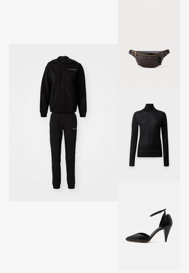 Sudadera negra y pantalones jogger a juego, hechos de una tela suave. Sudadera con capucha y cierre de cremallera, puños y cintura elásticos. Logo impreso en ambas piezas.; Top negro de manga larga y cuello alto, fabricado en tejido ligero, con un diseño ajustado y detalles de costura mínimos, ideal para superponer.; Zapato negro de tacón alto con punta puntiaguda, correa en el tobillo y tacón cónico sobre fondo blanco.; Riñonera de piel negra y brillante con un diseño curvado, acento de cremallera dorada, correa ajustable y pequeños detalles decorativos.