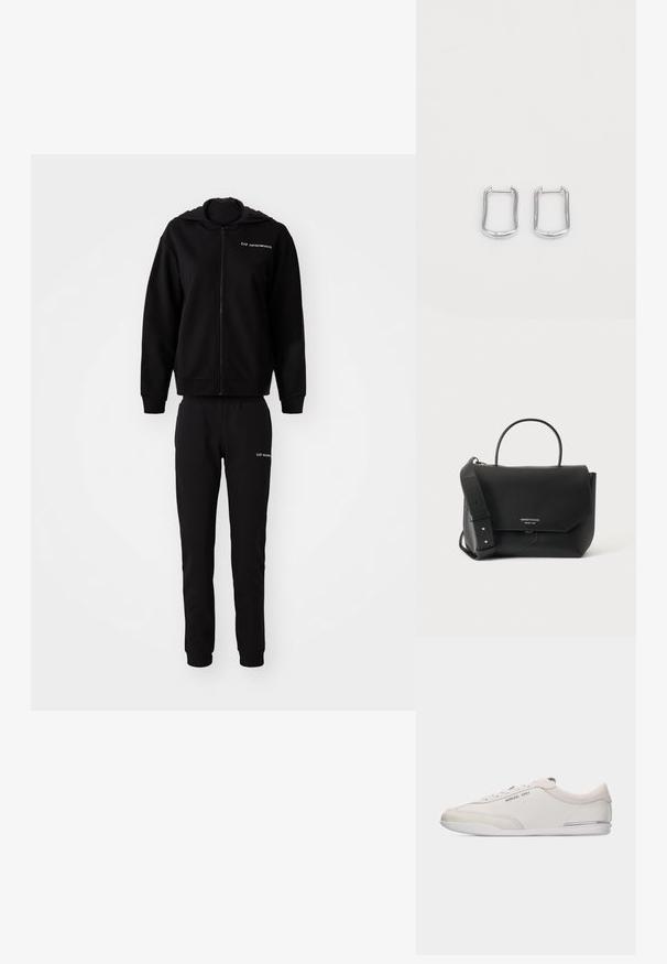 Sort sweatshirt og matchende joggers, lavet af blødt stof. Hættejakke med lynlås, elastiske manchetter og talje. Logo trykt på begge dele.; Lavprofil hvid og beige snøresneakers med glat læder og ruskindsdetaljer, med en lille Michael Kors-logo på siden.; Sort læderhåndtaske med klaplukning, enkelt top-håndtag, bred justerbar skulderrem og lille sølvlogo foran.; Sølv metal hoop øreringe med en rektangulær form og let afrundede kanter, der har en glat overflade og et enkelt, minimalistisk design.