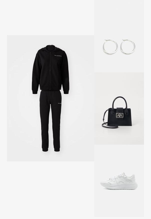 Sudadera negra y pantalones jogger a juego, hechos de una tela suave. Sudadera con capucha y cierre de cremallera, puños y cintura elásticos. Logo impreso en ambas piezas.; Zapatillas deportivas blancas con parte superior de cuero liso, suela acolchada, puntera redondeada y diseño minimalista. Presentan cordones y detalles sutiles.; Bolso de mano de cuero negro con un diseño estructurado, asas superiores y una correa de hombro desmontable. Presenta una placa de logo en tono plata y una textura suave.; Los pendientes de aro de plata presentan un diseño suave y redondeado con un perfil delgado y un cierre seguro. Estilo minimalista con un acabado pulido.