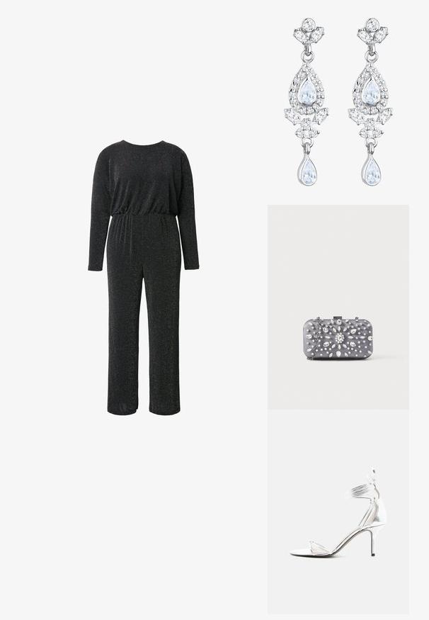 Sort jumpsuit lavet af et struktureret, glitrende stof, med lange ærmer, rund halsudskæring, elastisk talje og vide benåbninger.; Sølv højhælede sandal med tynde stropper, ankelrem og slank stiletthæl på en ensfarvet hvid baggrund.; Lille rektangulær mørkegrå clutch pyntet med klare rhinsten i et strålende mønster og en sølvkæde som strop.; Elli ANTIQUE DROP - Øreringe - weiß