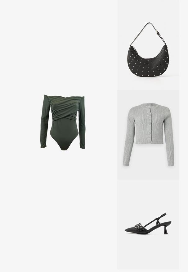 Bañador de manga larga en verde oscuro. Presenta un diseño frontal envuelto y una textura suave. Fabricado con material elástico para mayor comodidad.; Cardigan gris con canalé, de mangas largas, con botones en el frente y cuello redondo. Presenta un diseño corto y una textura suave.; Simmi London DALA - Tacones - black; Bolso de mano de cuero negro con forma curva, adornado con tachuelas plateadas, cuenta con cierre de cremallera y una sola correa ajustable.