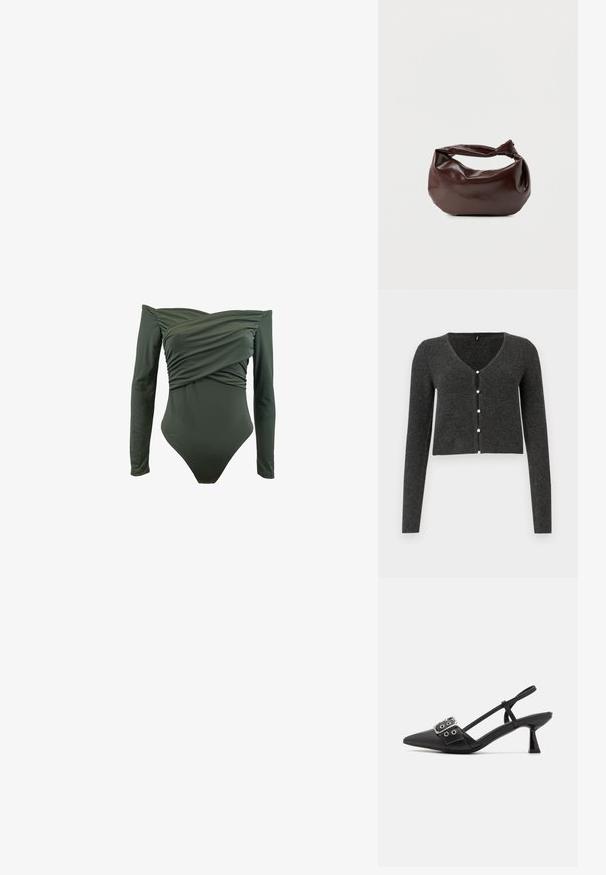 Badpak met lange mouwen in donkergroen. Heeft een gewikkeld ontwerp aan de voorkant en een soepele textuur. Gemaakt van rekbaar materiaal voor comfort.; Donkergrijze geribde cardigan met lange mouwen, V-hals en zes decoratieve parelknopen aan de voorkant. Verkorte lengte.; Simmi London DALA - Klassieke pumps - black; Donkerbruine leren schoudertas met een zachte, slungelige vorm en een gedraaide knoopvormige handgreep op een effen witte achtergrond.