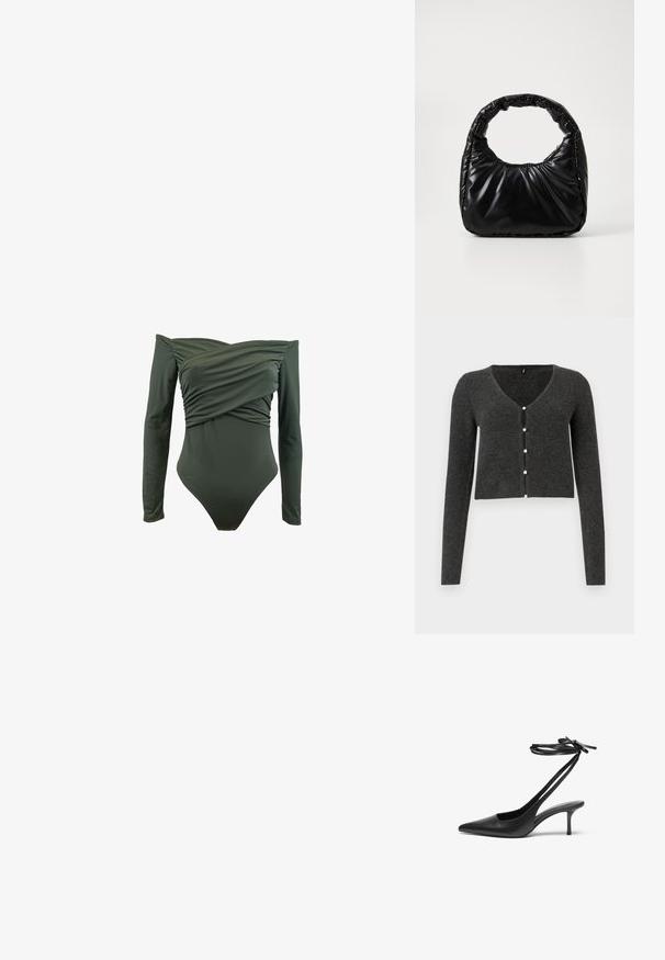 Bañador de manga larga en verde oscuro. Presenta un diseño frontal envuelto y una textura suave. Fabricado con material elástico para mayor comodidad.; Cárdigan azul oscuro con relieve, de manga larga, escote en V y seis botones de perla decorativos en el frente. Largo recortado.; Zapato de charol negro con tacón de aguja y punta afilada, con la parte trasera abierta y correas en los tobillos atadas en forma de lazo. Tacón delgado de 3 pulgadas. Textura suave, diseño minimalista.; Bolso negro acolchado con un asa redondeada, que presenta una superficie lisa y brillante y una textura suave y acolchada. Sin herrajes ni acentos visibles.