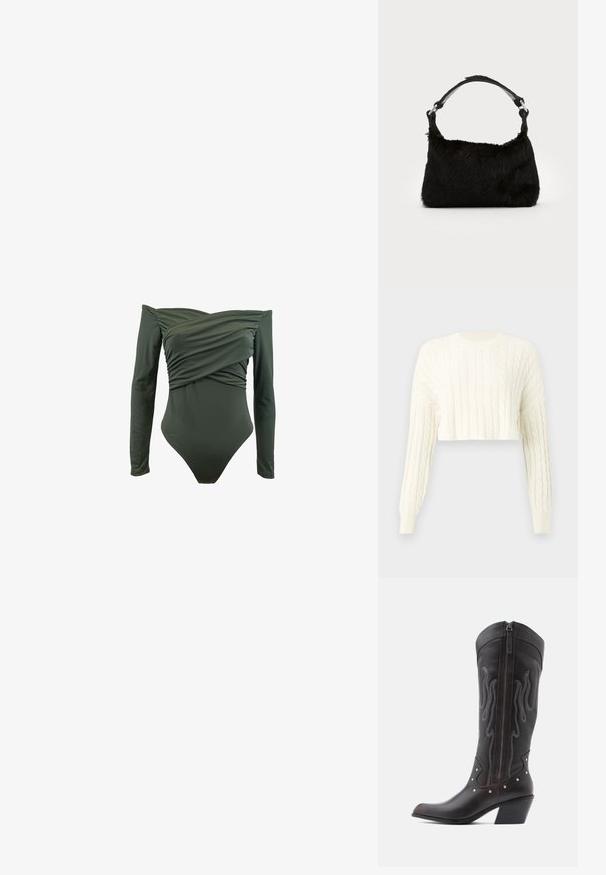 Langærmet badedragt i mørkegrøn. Har et indviklet frontdesign og glat tekstur. Lavet af strækbart materiale for komfort.; Creme kabelstrikket cropped sweater med lange ærmer og ribbet rund hals. Tekstur mønster over det hele og tætsiddende manchetter.; Brune læder cowboystøvler med flammebroderi, sidelukning med lynlås, sølvnitter, spids snude og lagdelt hæl.; Sort faux fur håndtaske med en blød tekstur, rund form og en robust skulderrem i sort læder. Synlige sølvhardware-detaljer.