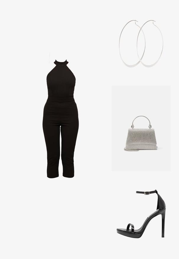 Schwarzer Jumpsuit mit hohem Kragen, tailliertem Oberteil und knöchellangen Beinen. Hergestellt aus dehnbarem Material mit glatter Textur. Keine sichtbaren Verschlüsse.; Steve Madden MILANO - High Heel Sandalette - black; ALDO FELISIA - Handtasche - silver-coloured; Silberne Creolen mit einem dünnen, glatten Design; länglich-ovale Form; polierte Oberfläche; ausgestattet mit einem sicheren Hakenverschluss.
