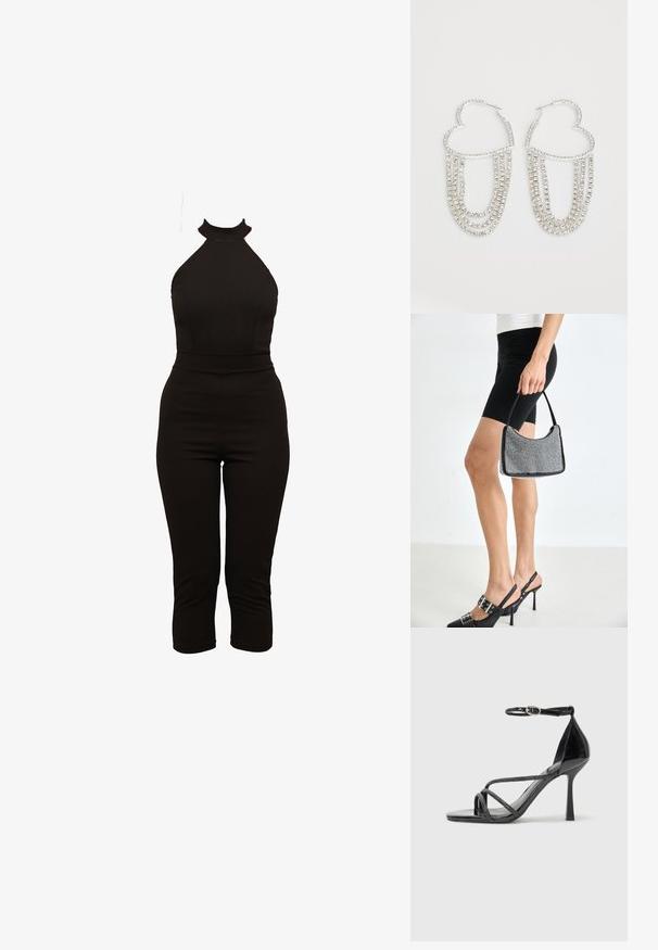 Schwarzer Jumpsuit mit hohem Kragen, tailliertem Oberteil und knöchellangen Beinen. Hergestellt aus dehnbarem Material mit glatter Textur. Keine sichtbaren Verschlüsse.; Schwarze Lackleder-Stiletto-Sandalette mit Knöchelriemen, ausgestattet mit überkreuzten Riemen und einer eleganten spitzen Zehenform.; Schwarze Perlen-Handtasche mit geschwungener Silhouette, Tragegriff und glänzender Textur. Kombiniert mit schwarzen High Heels und enganliegenden schwarzen Shorts.; Silberne Creolen in Herzform, verziert mit herabhängenden Strängen aus klaren Strasssteinen für zusätzlichen Glanz und Textur.