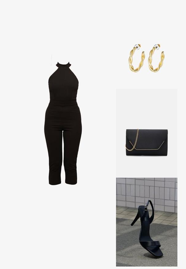 Combinaison noire à col montant, à corsage ajusté et jambes raccourcies. Fabriquée en tissu extensible avec une texture lisse. Aucun fermoir visible.; Sandale noire à talon haut avec bride à la cheville et bout carré, posée sur le pavé devant un mur carrelé.; Pochette noire au toucher lisse, dotée d'une chaîne en or et d'une fermeture à rabat géométrique rehaussée de doré.; Boucles d'oreilles créoles dorées torsadées avec une surface lisse, présentant un dos transparent et une quincaillerie dorée.