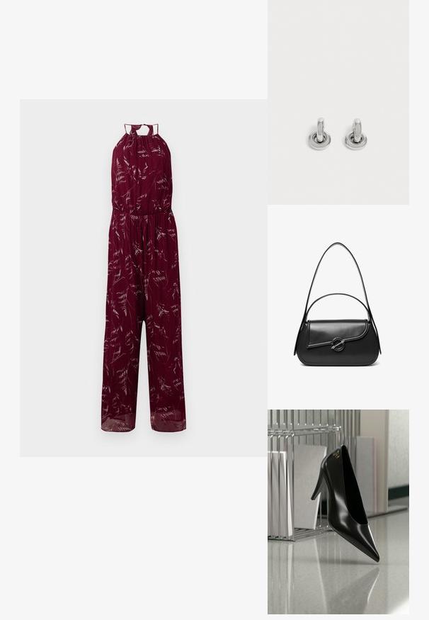 Bordeaux jumpsuit med halterneck, elastisk talje og delikate hvide bladmønstre. Letvægtsstof med brede ben.; Sort højhælet sko med spids tå og guldlogo, placeret på en reflekterende overflade nær en krom trådfilholder med dokumenter.; Sort skuldertaske i læder med en buet klap, der er fastgjort med en rund metal spænde, og en slank, justerbar rem.; Par små, skinnende sølv hoops med rund base, vist på en ensfarvet lys baggrund.