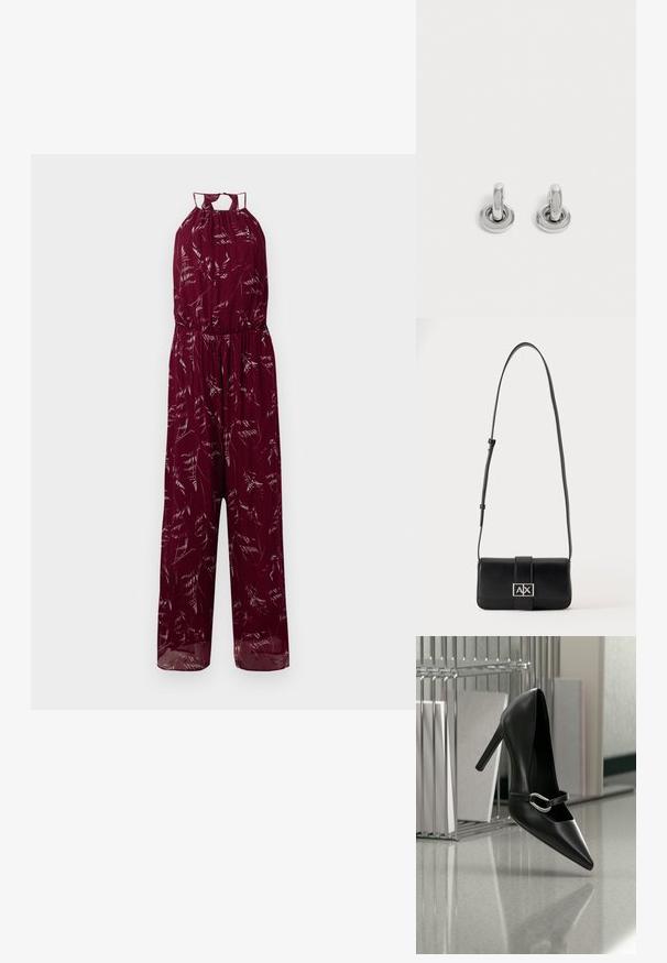 Μπράντυ jumpsuit με λαιμόκοψη τύπου halter, ελαστική μέση και λεπτά λευκά φυλλώματα. Ελαφρύ υλικό με φαρδιά πόδια.; Μαύρη μυτερή γόβα με ψηλό τακούνι και ασημένιο λουράκι με πόρπη, τοποθετημένη σε ανακλαστική επιφάνεια κοντά σε μεταλλικό οργανωτή αρχείων με χαρτιά.; Μαύρη δερμάτινη τσάντα ώμου με ρυθμιζόμενο ιμάντα και ασημένιο ορθογώνιο κούμπωμα με τα γράμματα Α και Χ σε απλή φόντο.; Ζευγάρι μικρά, γυαλιστερά ασημένια σκουλαρίκια κρίκοι με στρογγυλή βάση, τοποθετημένα σε απλό φωτεινό φόντο.