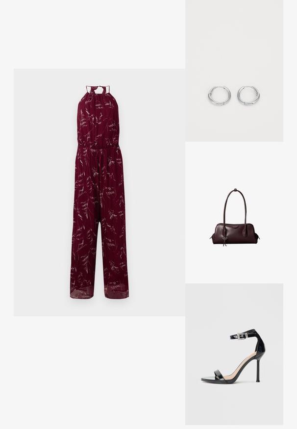 Bordeaux jumpsuit met halternek, elastische tailleband en delicate witte bladerenpatronen. Lichtgewicht stof met wijde benen.; Zwarte sandalen met hoge hak van lakleer en een enkelriempje. Heeft een minimalistisch ontwerp, open teen en een gesp met strass-steentjes.; Donkerbruine leren Calvin Klein handtas met lange dubbele handvatten en een kleine logo-sierhanger die aan één handvat hangt.; Zilveren creolen met een gladde, gepolijste afwerking. Cirkelvormig met een klein sluitdetails voor de sluiting. Minimalistisch ontwerp, licht van gewicht.